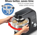 Hamilton Beach Electric Stand Mixer, 4 Quarts, Dough Hook, Flat Beater Attachments, Splash Guard 7 Speeds with Whisk, Black