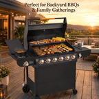 6-Burner Propane Gas Grill with Side Burner, 59000 BTU Outdoor BBQ Grill with Porcelain-Enameled Grates, Warming Rack, Side Tables, Bottle Opener, Thermometer and Wheels for Patio Backyard Cooking