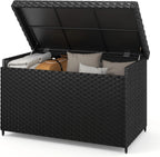 DWVO 70Gal Outdoor Storage Bench with Cushion & Composite Wood Backrest, All-Weather Wicker Deck Bench with Rustproof Bag, Poolside, Patio, Garden (Sand Beige)