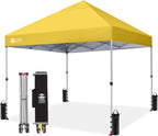 Crown Shades 10x10 Pop Up Canopy - Beach Tent with One Push Setup - Outdoor Sun Shade for Events, Parties, Camping - Gazebo with STO-N-Go Cover Bag, Silver Coated Top, 3 Height& 4 Sand Bags, Yellow