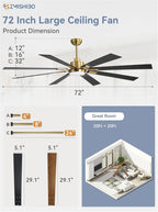 ZMISHIBO 72 inch Large Ceiling Fans with Lights and Remote, Indoor/Outdoor Black Modern Ceiling Fan for Kitchen Living Room Patio, 6 Speed Reversible Quiet DC Motor, 3 CCT, Dual Finish 8 Blades