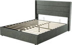 Allewie Queen Size Lift Up Storage Bed Modern Wingback Headboard Hydraulic Support