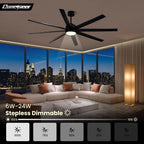 Modern Ceiling Fans with Lights, 72 Inch Ceiling Fan with Light and Remote, Bedroom Living Room Library Cafe Outdoor/Industrial,24W 3CCT Dimmable, 8 Blades 6 Speed Reversible Quiet DC Motor, Black