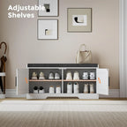2-Tier Storage Bench, Shoe Bench with Thickened Padded Seat Cushion, Entryway Bench with 4 Doors, Adjustable Shelf, 13.8 D x 45.3 W x 18.5 H, for Entryway, Living Room, Bedroom, White