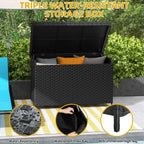 DWVO 70Gal Outdoor Storage Bench with Cushion & Composite Wood Backrest, All-Weather Wicker Deck Bench with Rustproof Bag, Poolside, Patio, Garden (Sand Beige)