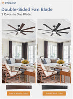 ZMISHIBO 72 inch Large Ceiling Fans with Lights and Remote, Indoor/Outdoor Black Modern Ceiling Fan for Kitchen Living Room Patio, 6 Speed Reversible Quiet DC Motor, 3 CCT, Dual Finish 8 Blades