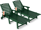 Lounge Chair Outdoor, Chaise Lounge, HDPE 6-Position Outdoor Chaise Lounge, Patio Lounge Chair with Wheels & Cup Holder for Pool Poolside Deck Backyard, Teak