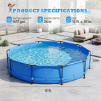 Zimtown 12ft x 30in Round Above Ground Pool, Blue Heavy-Duty Metal Frame Backyard Swimming Pool