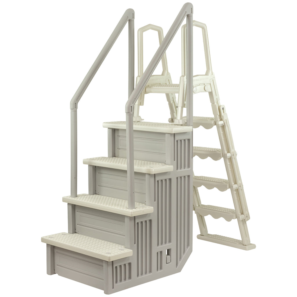 Aqua Select White Anti-Slip Pool Steps with White Steps and White Outside Flip-up Safety Ladder, 48-54H