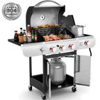 LHRIVER Stainless Steel 3 Burner Propane Gas Grill with Side Burner, 34,000 BTU Patio Garden Barbecue Grill,Porcelain-Enameled Cast Iron Grates