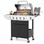 Segmart 3 Burner Propane Gas Grill with Side Burner, 37,000 BTU Outdoor Cooking BBQ Grill with Porcelain-Enameled Cast Iron Grates, Equipped with Temperature, Tool Hooks, and Bottle Opener