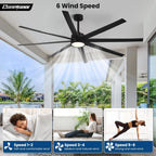 Modern Ceiling Fans with Lights, 72 Inch Ceiling Fan with Light and Remote, Bedroom Living Room Library Cafe Outdoor/Industrial,24W 3CCT Dimmable, 8 Blades 6 Speed Reversible Quiet DC Motor, Black