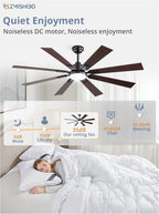 ZMISHIBO 72 inch Large Ceiling Fans with Lights and Remote, Indoor/Outdoor Black Modern Ceiling Fan for Kitchen Living Room Patio, 6 Speed Reversible Quiet DC Motor, 3 CCT, Dual Finish 8 Blades