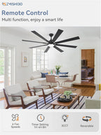 ZMISHIBO 72 inch Large Ceiling Fans with Lights and Remote, Indoor/Outdoor Black Modern Ceiling Fan for Kitchen Living Room Patio, 6 Speed Reversible Quiet DC Motor, 3 CCT, Dual Finish 8 Blades