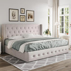 Allewie Queen Size Lift Up Storage Bed Modern Wingback Headboard Hydraulic Support