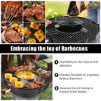28-Inch Portable Charcoal Grill with Wheels and Storage Holder, Porcelain-Enameled Lid and Ash Catcher & Thermometer, Round Barbecue Kettle Grill Bowl Wheels for Outdoor Party Camping Picnic