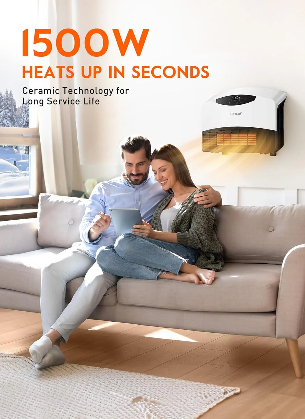 Wall mounted electric heater with WiFi and remote control, floor standing heater 1500W fast coverage for large rooms