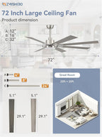 ZMISHIBO 72 inch Large Ceiling Fans with Lights and Remote, Indoor/Outdoor Black Modern Ceiling Fan for Kitchen Living Room Patio, 6 Speed Reversible Quiet DC Motor, 3 CCT, Dual Finish 8 Blades