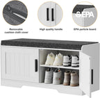 2-Tier Storage Bench, Shoe Bench with Thickened Padded Seat Cushion, Entryway Bench with 4 Doors, Adjustable Shelf, 13.8 D x 45.3 W x 18.5 H, for Entryway, Living Room, Bedroom, White