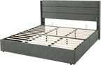 Allewie Queen Size Lift Up Storage Bed Modern Wingback Headboard Hydraulic Support
