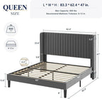 Allewie Full Size Velvet Bed Frame Vertical Channel Tufted Wingback Headboard Upholstered Bed