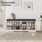 2-Tier Storage Bench, Shoe Bench with Thickened Padded Seat Cushion, Entryway Bench with 4 Doors, Adjustable Shelf, 13.8 D x 45.3 W x 18.5 H, for Entryway, Living Room, Bedroom, White