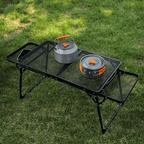 SROEDTY 40 Inch Folding Metal BBQ Grill Table, Adjustable Height Outdoor Cooking Table with 2 Side Tables, Lightweight Portable Design for Camping, Picnic and Backyard Barbecue