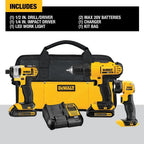 20V MAX Cordless Drill Impact Driver and LED Work Light Portable, Power Tool Combo Kit 3 Tool, 2 Batteries and Charger Included (DCK340C2)