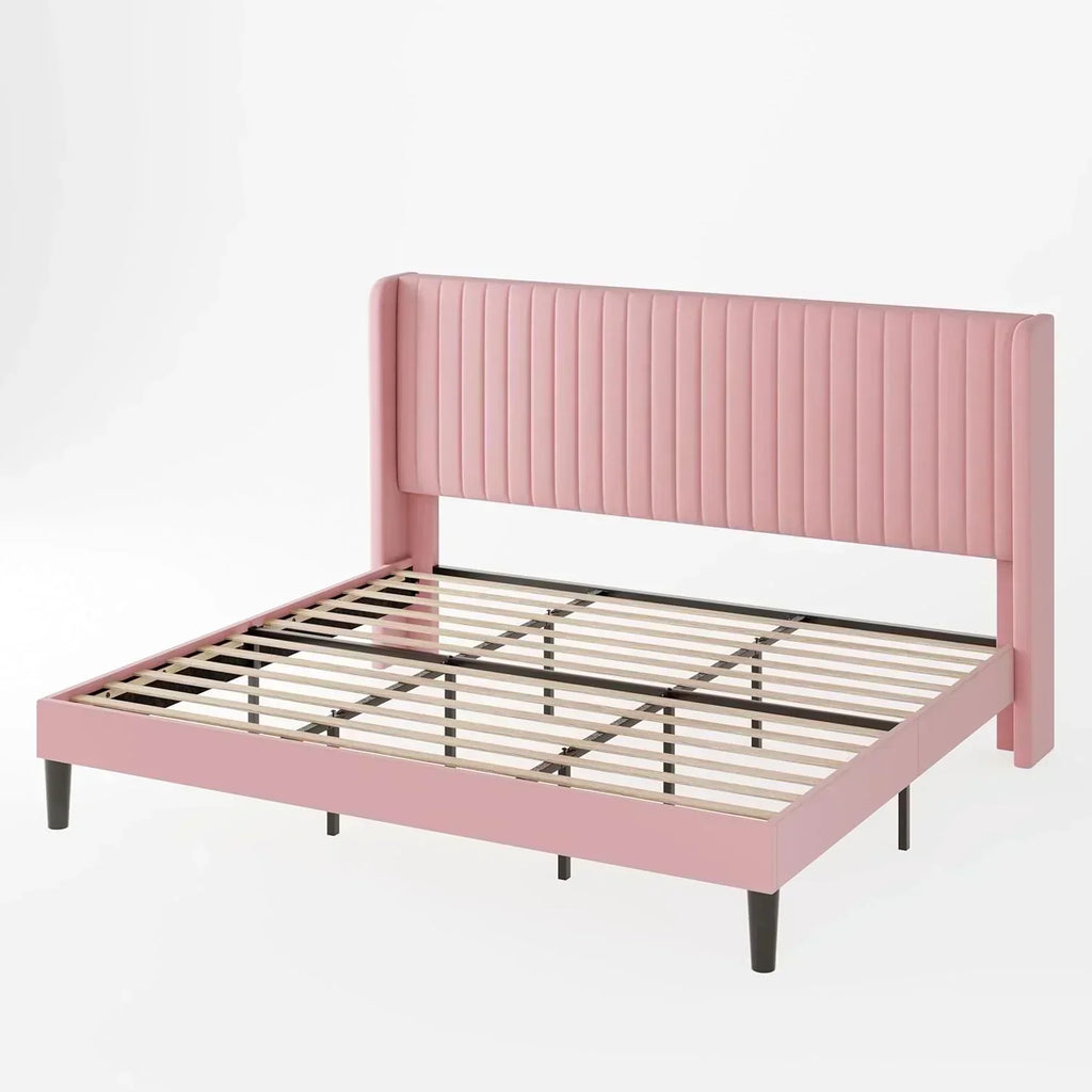 Allewie Full Size Velvet Bed Frame Vertical Channel Tufted Wingback Headboard Upholstered Bed