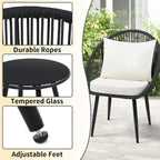 3 Piece Bistro Set Woven Rope Chair with Cushions All Weather Patio Conversation Set Side Table