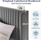 Allewie Full Size Velvet Bed Frame Vertical Channel Tufted Wingback Headboard Upholstered Bed