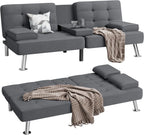 Shahoo Modern Linen Upholstered Convertible Folding Futon Sofa Bed with Removable Armrests