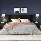 Allewie Full Size Velvet Bed Frame Vertical Channel Tufted Wingback Headboard Upholstered Bed