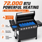 6-Burner Propane Gas Grill with Side Burner, 59000 BTU Outdoor BBQ Grill with Porcelain-Enameled Grates, Warming Rack, Side Tables, Bottle Opener, Thermometer and Wheels for Patio Backyard Cooking
