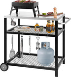 Stainless Steel Outdoor Grill Cart Pizza Oven Stand Trolley Table with Wheels Three-Shelf Movable Food Prep and Work Table Heavy Duty Grill Carts Outdoor Cart 31.5×24×35.5