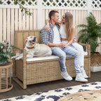 DWVO 70Gal Outdoor Storage Bench with Cushion & Composite Wood Backrest, All-Weather Wicker Deck Bench with Rustproof Bag, Poolside, Patio, Garden (Sand Beige)