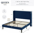 Allewie Full Size Velvet Bed Frame Vertical Channel Tufted Wingback Headboard Upholstered Bed