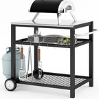Stainless Steel Outdoor Grill Cart Pizza Oven Stand Trolley Table with Wheels Three-Shelf Movable Food Prep and Work Table Heavy Duty Grill Carts Outdoor Cart 31.5×24×35.5