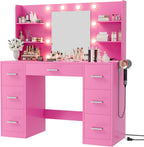 Furmax Vanity Desk with Mirror, LED Lights and Power Outlet Makeup Vanity Table