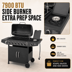6-Burner Propane Gas Grill with Side Burner, 59000 BTU Outdoor BBQ Grill with Porcelain-Enameled Grates, Warming Rack, Side Tables, Bottle Opener, Thermometer and Wheels for Patio Backyard Cooking