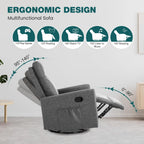 Swivel Rocking Recliner Chair with Extra Large Footrest High Back, Upholstered Glider Nursery Chair for Living Room, Bedroom & Nursery, Comfortable Deep Seat for Relaxation, Grey