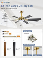 ZMISHIBO 72 inch Large Ceiling Fans with Lights and Remote, Indoor/Outdoor Black Modern Ceiling Fan for Kitchen Living Room Patio, 6 Speed Reversible Quiet DC Motor, 3 CCT, Dual Finish 8 Blades