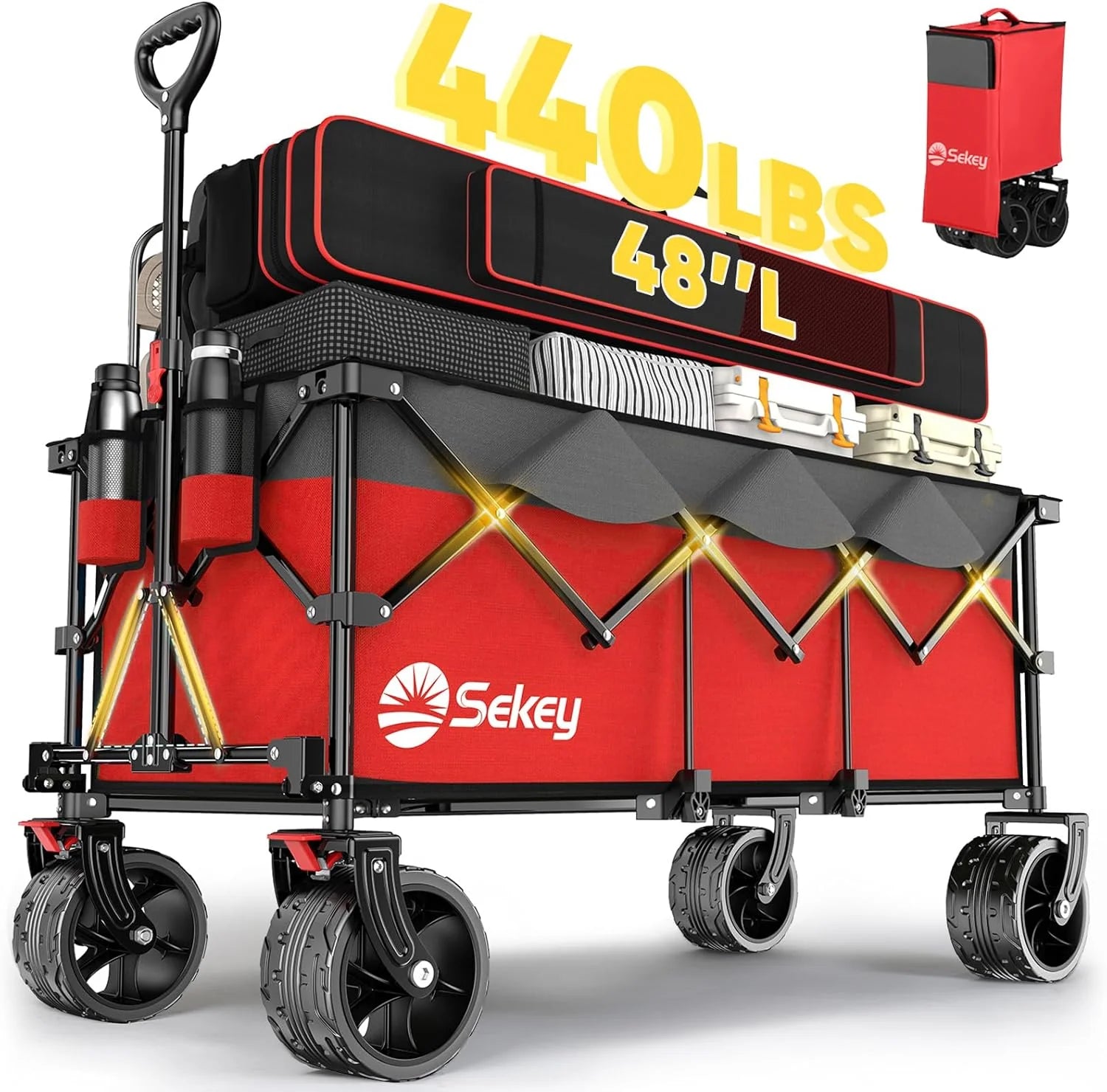 Sekey 48 Inch Long Foldable Extended Travel Cart, 440 Lbs Load Capacity, Heavy Duty 300 Liter Folding Multi-Purpose Garden Cart