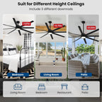 Modern Ceiling Fans with Lights, 72 Inch Ceiling Fan with Light and Remote, Bedroom Living Room Library Cafe Outdoor/Industrial,24W 3CCT Dimmable, 8 Blades 6 Speed Reversible Quiet DC Motor, Black