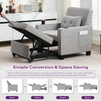 Adult Convertible Sleeper Chair Bed, 3-in-1 Pull-Out Sofa Bed with USB/Type-C Ports, Cup Holders, Side Pockets, Single Sofa