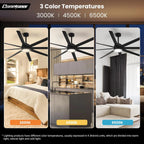 Modern Ceiling Fans with Lights, 72 Inch Ceiling Fan with Light and Remote, Bedroom Living Room Library Cafe Outdoor/Industrial,24W 3CCT Dimmable, 8 Blades 6 Speed Reversible Quiet DC Motor, Black