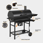 MASTER COOK Barrel Charcoal Grill with Foldable Shelf, Outdoor BBQ Smoker Grill with Thermometer and Adjustable Air Vents
