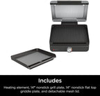 Ninja Griddle and Indoor Grill, 14��? Electric Grill, For Steak, Burgers, Salmon, Veggies, and More, Pancake Griddle, Nonstick, Dishwasher Safe, 500F, Even Cooking, Silver, GR101