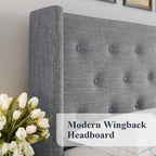Allewie Queen Size Lift Up Storage Bed Modern Wingback Headboard Hydraulic Support