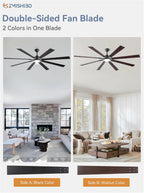 ZMISHIBO 72 inch Large Ceiling Fans with Lights and Remote, Indoor/Outdoor Black Modern Ceiling Fan for Kitchen Living Room Patio, 6 Speed Reversible Quiet DC Motor, 3 CCT, Dual Finish 8 Blades